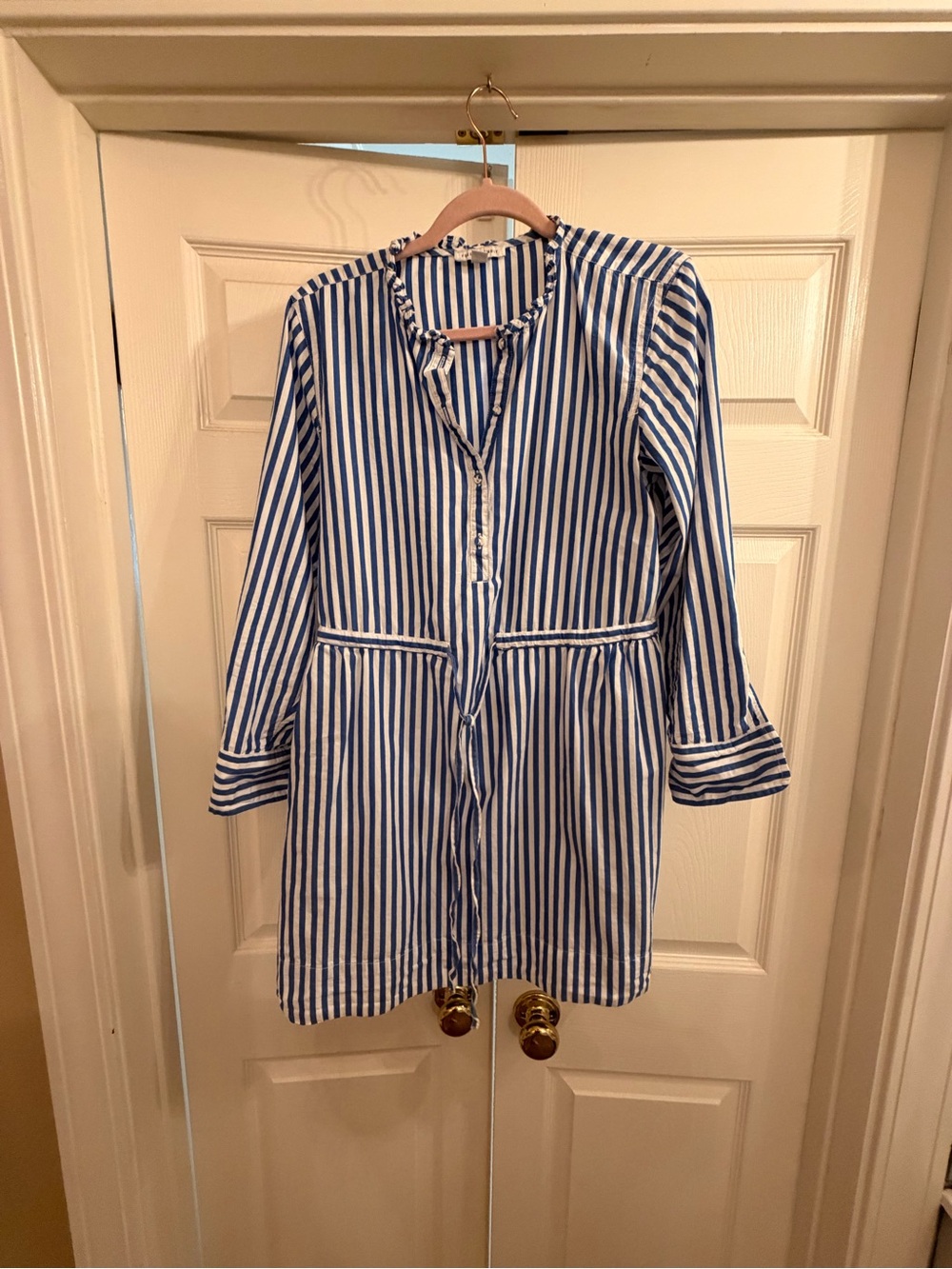 Blue and White Striped Long Sleeve Shirt Dress